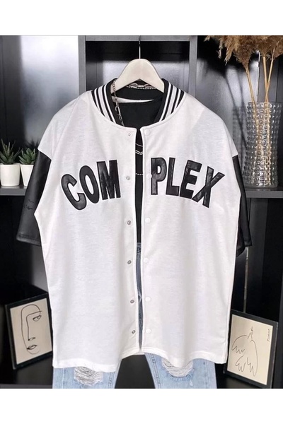 Flexium Tricou oversize din piele cu mâneci complexe pentru bărbați - alb