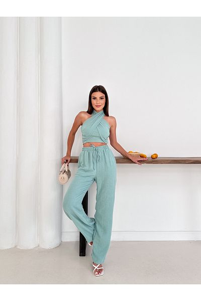 Gameyal Women's Summer Navy Blue Double Breasted Bustier and Casual Pants Two Piece Set