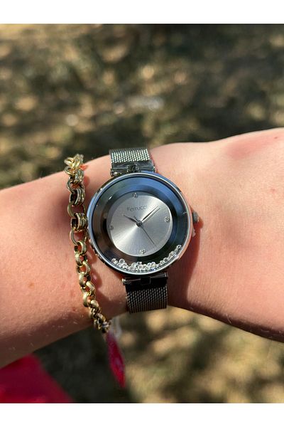 Ferrucci Silver Color Stylish Moving Stone Women's Steel Wire Watch with Waterproof Watch