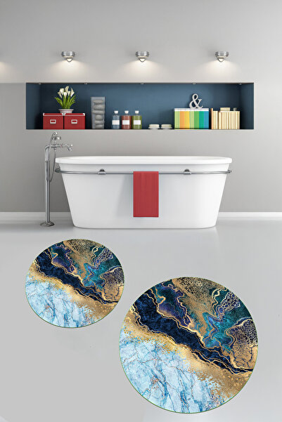 Viyana Home Covoraș de baie rotund cu model de marmură, lavabil, cu bază anti...