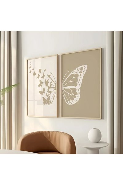 NT Handmade Uv Print with Natural Wood Frame Set of 2 Abstract Butterfly Pattern Paintings – Modern & Stylish Wall Decor