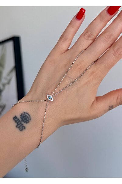 Home Sihra Accessories mini mavi göz detaylı Zirkon taşlı Şahmeran gümüş renk