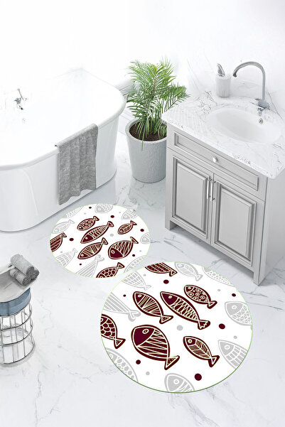 Viyana Home Covoraș de baie rotund cu model de pește, lavabil, cu bază anti-a...