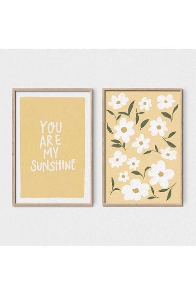 NT Handmade Natural Wood Framed Uv Printing Set of 2 Yellow Flower Pattern Paintings – Modern & Stylish Wall Decor