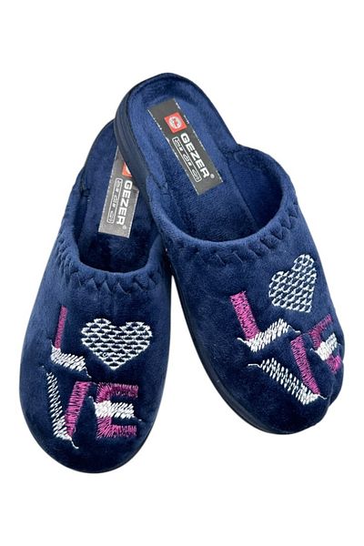 GEZER Papuci de casa pentru dama, albastri cu imprimeu LOVE, marime 36, 22.5 cm, comozi si caldurosi