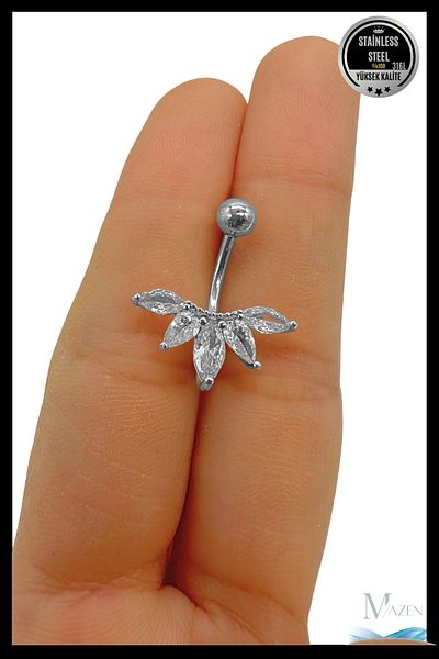 MAZEN Leaf Stone Detailed Belly Piercing |   316L Steel |   Antiallergic |   Blackening Does Not Fade |   Special Design