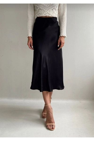 MİSPİER Summer Leopard/Black Patterned Midi Length Satin Skirt
