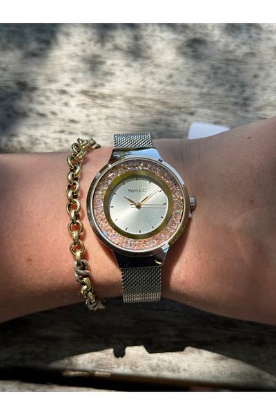 Ferrucci Silver and Rosegold Bicolor Stylish Stone Woman Steel Wire Braided Cord Waterproof Women's Watch