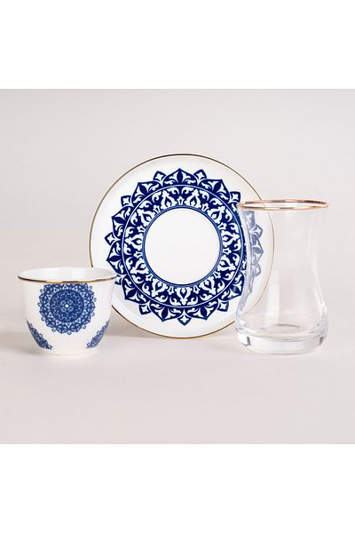 Dallaty La Mesa white porcelain and glass tea and coffee cups set 18 pcs