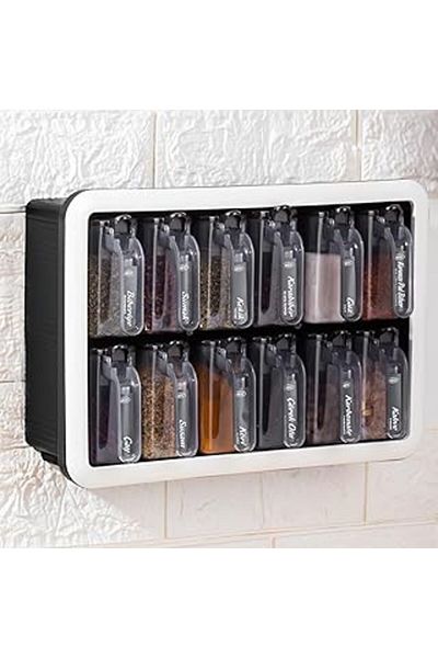 NETWORK ART Self Adhesive Spice Rack Set, 12 Pieces, with Spoon Lid, Tags Sent Black White,