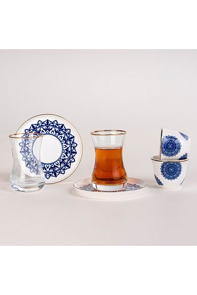 Dallaty La Mesa white porcelain and glass tea and coffee cups set 18 pcs