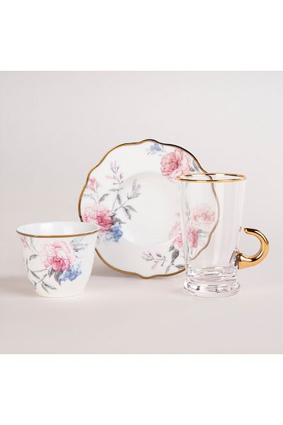 Dallaty white porcelain and glass Tea and coffee cups set 18 pcs