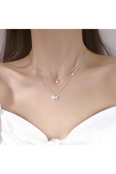 toptanhanem Double Layer Butterfly Figured Women's Necklace – Non-Tarnish Silver Color, Elegant and Stylish Design
