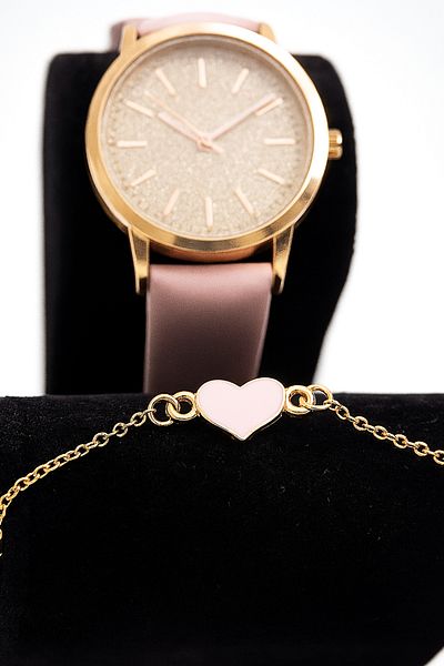 Bittox Women's Leather Watchband and Heart Gold Color Bracelet Set