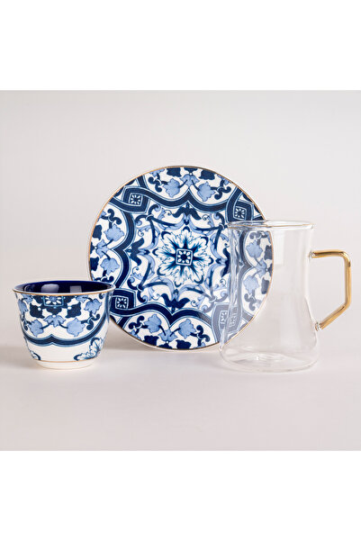 Dallaty طقم فناجين شاي وقهوة من البورسلين الأزرق، 18 قطعة