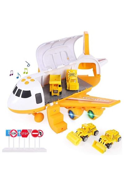 Glow Goods Interactive Toy Airplane Set with 3 Vehicles and Traffic Signs, Construction Transport Car, Sound an