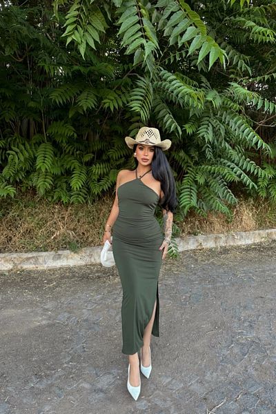 MOZENA Halter Neck Lined Slit Long Dress