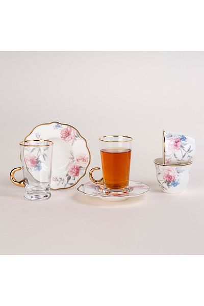 Dallaty white porcelain and glass Tea and coffee cups set 18 pcs