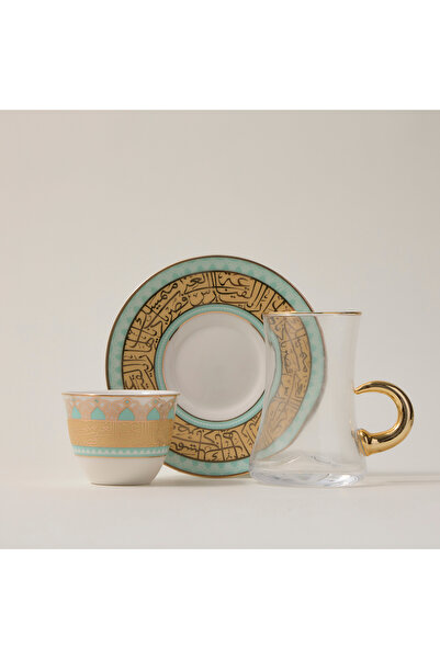 Dallaty طقم فناجين شاي وقهوة 28 قطعة أبيض مع نقش فيروز وذهبي