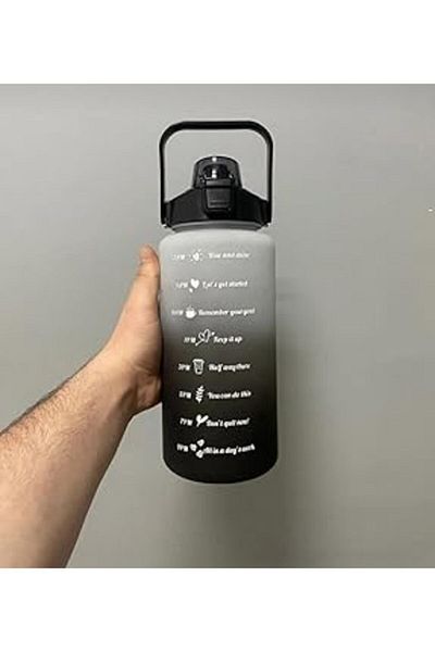 STOREMAX 2 Liter Transparent Water Bottle with Straw, Motivational Water Bottle with Time Marks and Stickers (Black-B