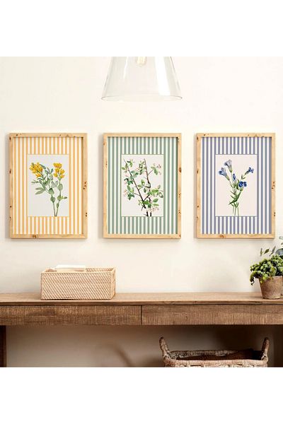 NT Handmade Natural Wood Framed Uv Printing 3-Piece Colorful Stripes Flower Pattern Painting Set Modern Stylish Wall Decor