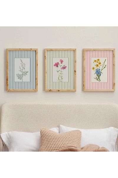 NT Handmade Natural Wood Framed Uv Printing 3-Piece Colorful Stripes Flower Pattern Painting Set Modern Stylish Wall Decor