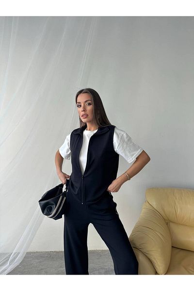 02Lady Fashion Set de 3 piese de trening scurt din material modal cu buzunar pentru vestă cu detaliu de șnur