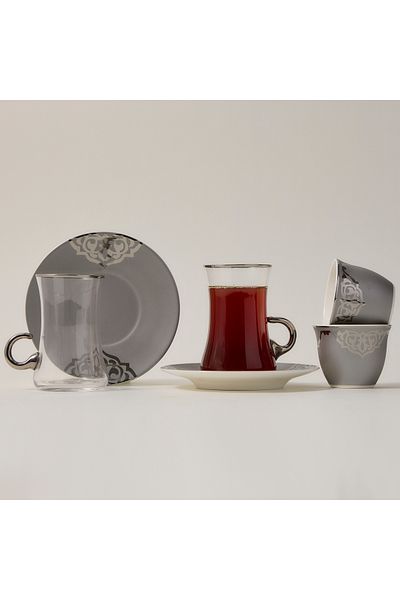 Dallaty grey porcelain and glass Tea and coffee cups set 18 pcs