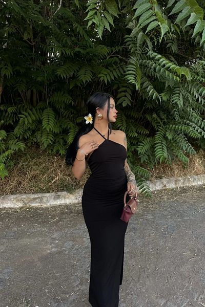 MOZENA Halter Neck Lined Slit Long Dress