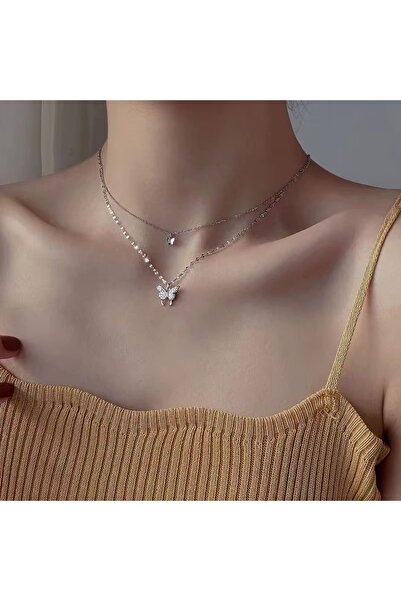 toptanhanem Çift Katlı Kelebek Figürlü Kadın Kolye – Kararmaz Gümüş Renk, Zarif ve Şık Tasarım