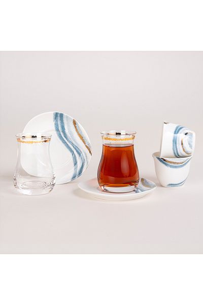 Dallaty La Mesa white porcelain and glass tea and coffee cups set 18 pcs