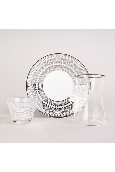 Dallaty white and silver porcelain and glass Tea and coffee cups set 18 pcs