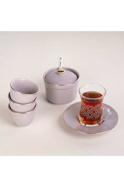 Dallaty Zukhroof light purple porcelain and glass Tea and coffee cups set 20 pcs