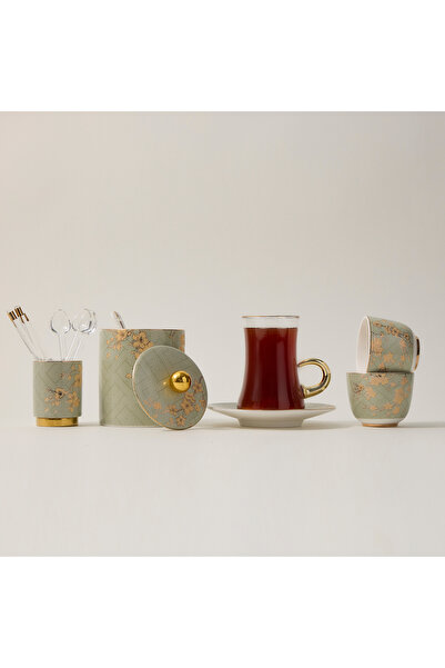 Dallaty طقم فناجين شاي وقهوة باللونين الأخضر والذهبي 28 قطعة