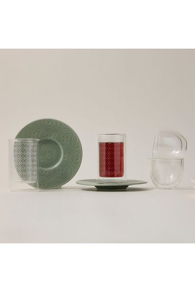 Dallaty green porcelain and glass Tea and coffee cups set 18 pcs