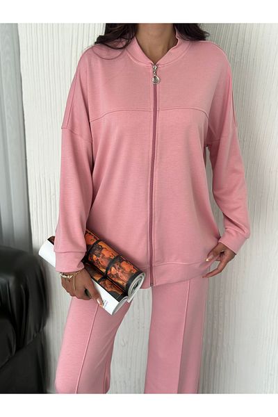02Lady Fashion Oversize Zippered Chimera Detail Wide Leg Modal Fabric Tracksuit Set