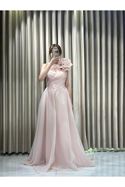 Kaleiçi Yıldızlar Pudra Tek Omuz Kloş Tül Abiye Elbise |