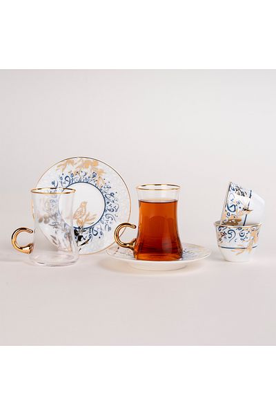 Dallaty white porcelain and glass Tea and coffee cups set 18 pcs