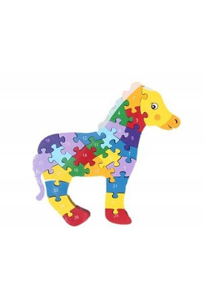 wood toys Wooden Puzzle with Letters and Numbers, 26 Pieces, Multicolor Horse