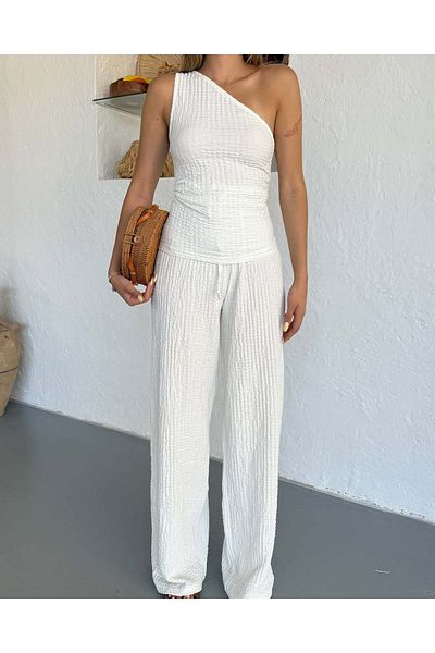 LEONE KOLEKSİYON White One Shoulder Seersucker Fabric Suit