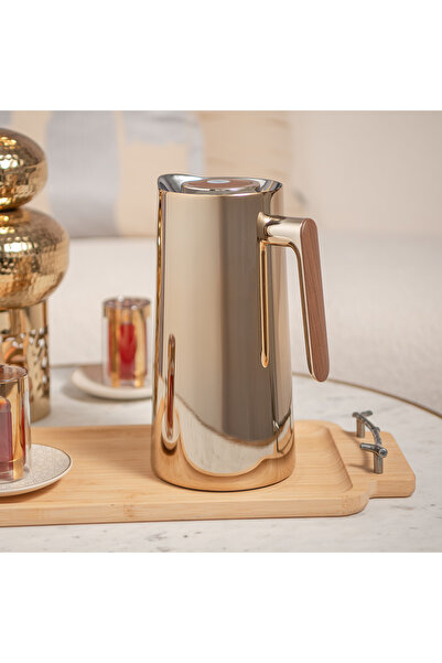 Dallaty قارورة مفرغة من الفولاذ بلون الشمبانيا الذهبي سعة 1 لتر بمقبض خشبي