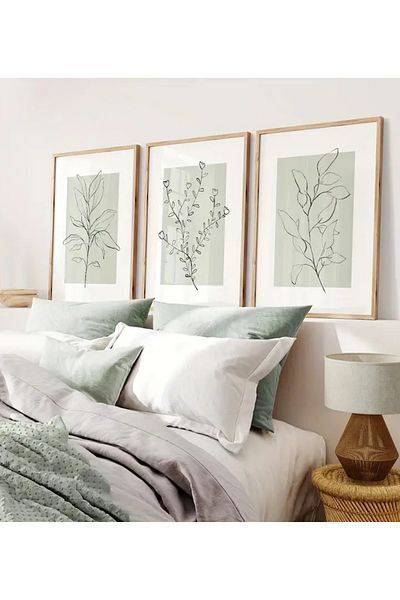 NT Handmade Uv Print with Natural Wood Frame Set of 3 Abstract Leaf Pattern Paintings – Modern & Stylish Wall Decor