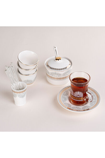Dallaty طقم فناجين شاي وقهوة عثمانية زخرف أبيض بطبعات فضية وذهبية، 28 قطعة