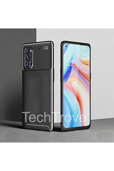 TechTrove Oppo Reno 4 Pro 5G Kılıf Kamera Korumalı Darbe Emici Karbon Fiber Desenli Renk Atmaz Silikon Kapak