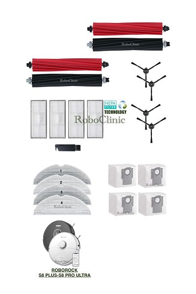 Roboclinic Roborock S8 Plus, S8 Pro Ultra Compatible Replacement Dust Bag, Brush, Hepa Filter, Mop Set-21 Pieces