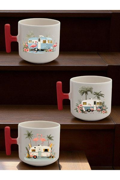 lili hediyelik Flamengo and Caravan Printed 3-Piece Ceramic Coffee Mug Mug Cup - Home Kitchen Office Workplace Utensil
