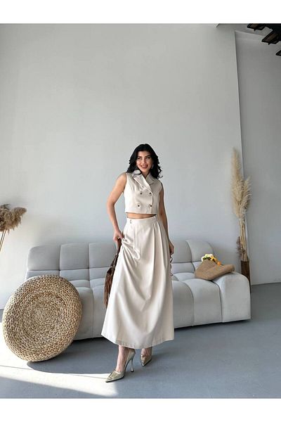 LOBOLIC Women's Stylish Double Breasted Crop & Long Skirt Set - Set of Two