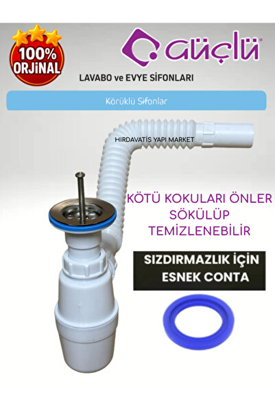 GÜÇLÜ Taslı Körüklü Sifon Ø32 65 mm 304 Kalite Paslanmaz Süzgeçli Lavabo Evye...
