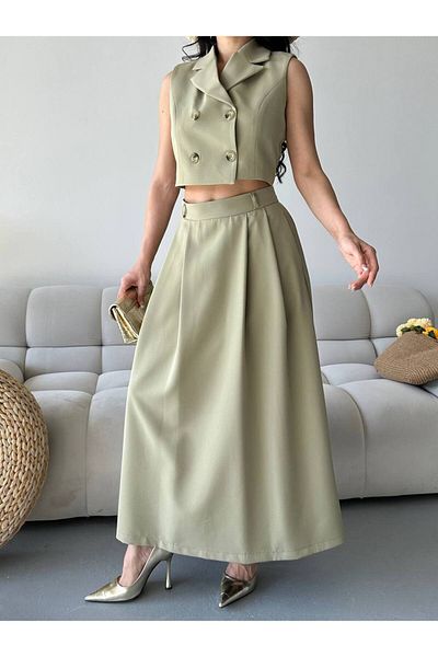 LOBOLIC Women's Stylish Double Breasted Crop & Long Skirt Set - Set of Two