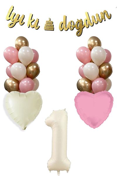 Atölye Mi 1 Year Old Girl Birthday Concept Retro Cream Number Happy Birthday Banner Balloon Chain Set